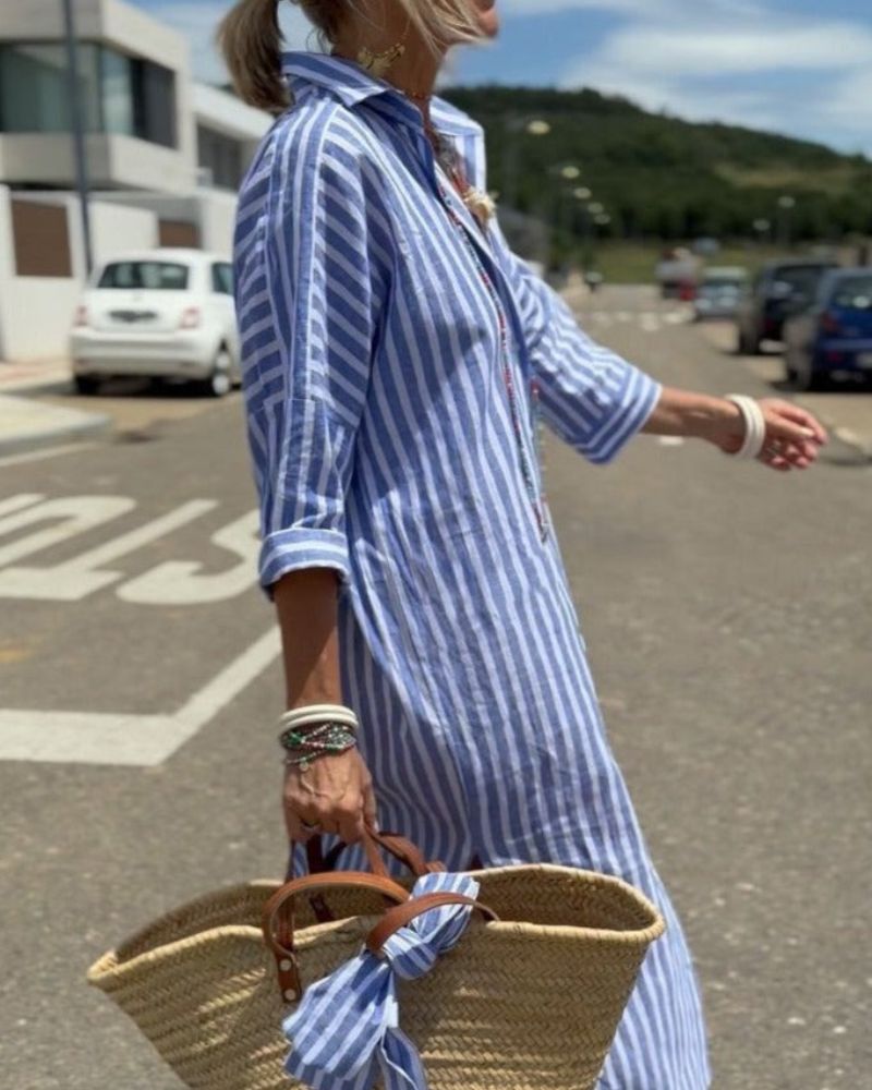 Women's Striped Casual Shirt Midi Dress