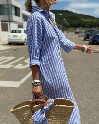Women's Striped Casual Shirt Midi Dress