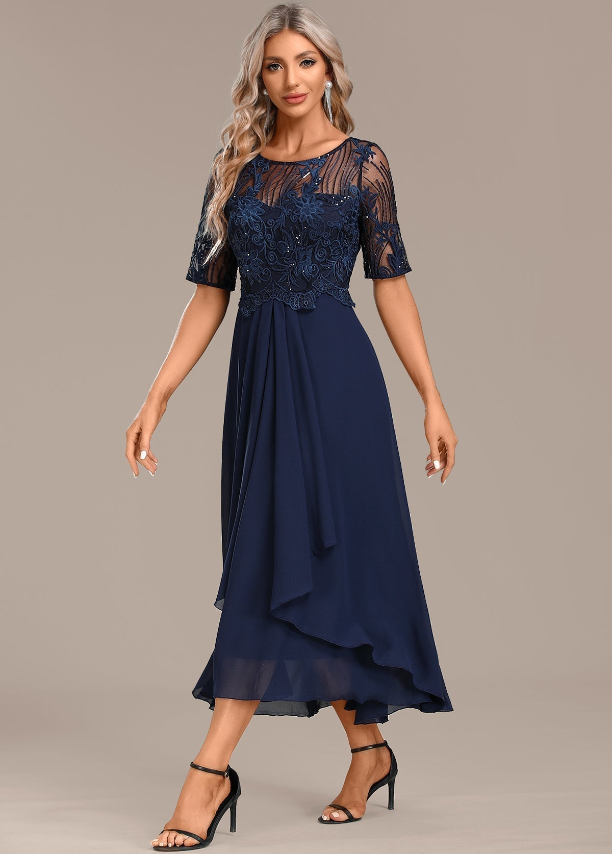 Women's Navy Lace Cocktail Midi Dress