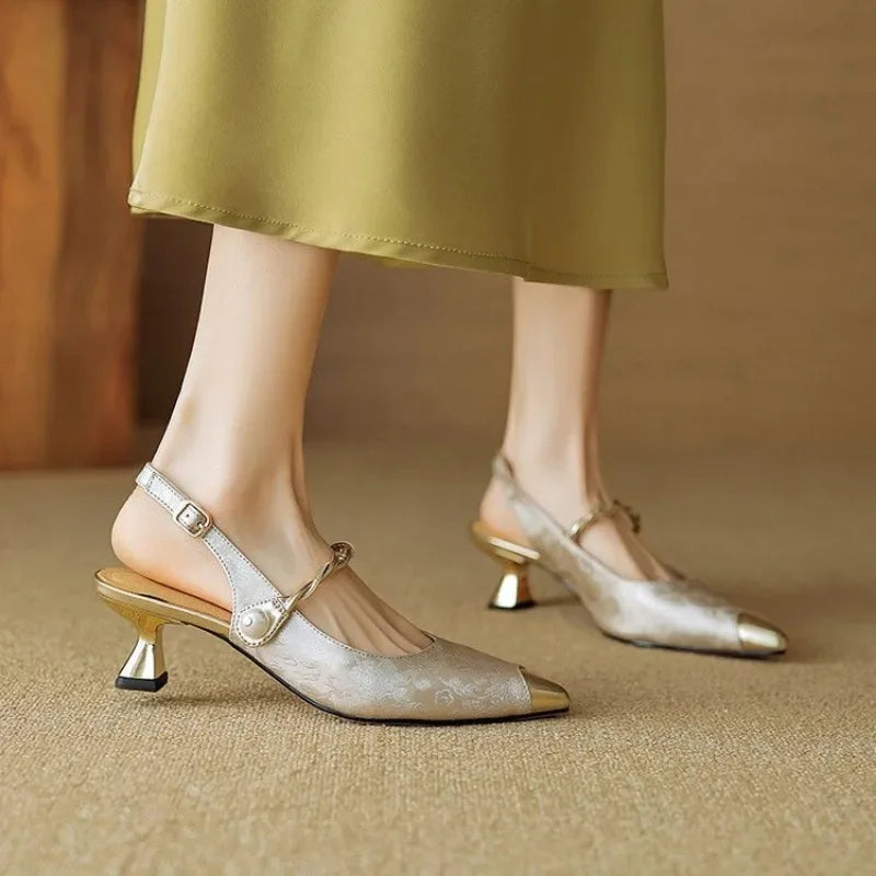 Women's Pearl Slingback Kitten Heel Pointed Toe Pumps