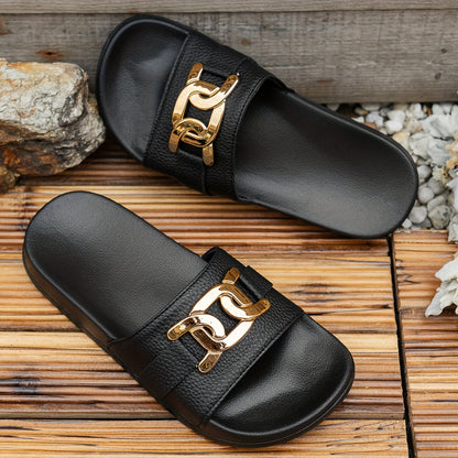 Women's Black Slip-On Flat Sandals