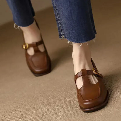 Women's T-Strap Mary Jane Shoes Square Toe Low Block Heel