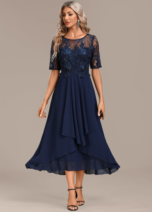 Women's Navy Lace Cocktail Midi Dress