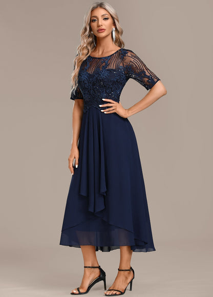 Women's Navy Lace Cocktail Midi Dress