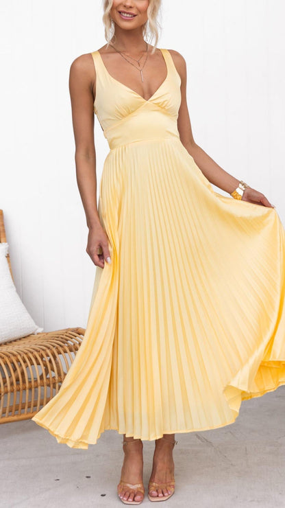 Women's Pleated V-Neck Evening Maxi Dress