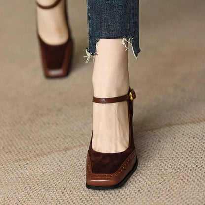 Women's Square Toe Block Heel Pumps Ankle Strap