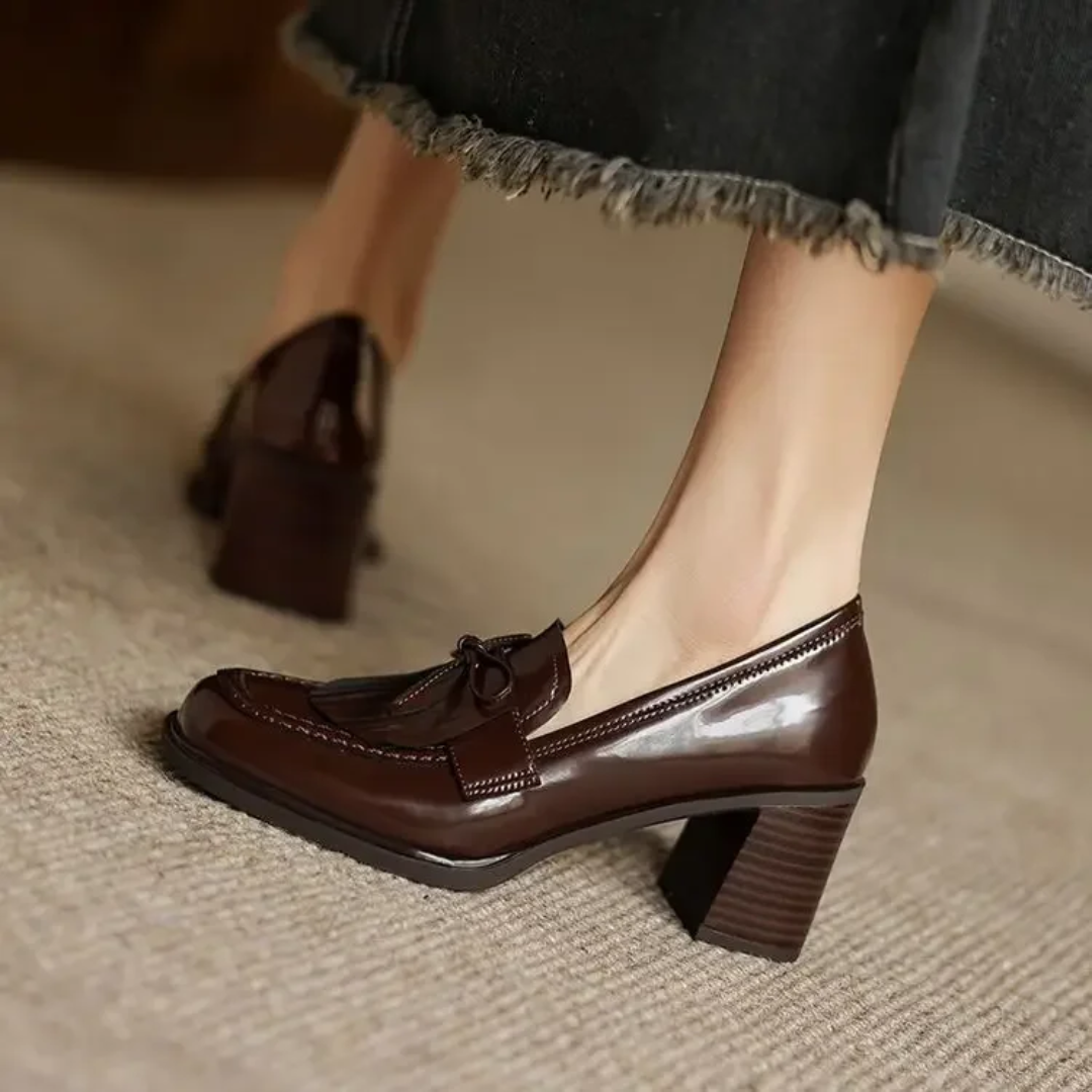 Women's Tassel Block Heel Loafer Pumps Round Toe