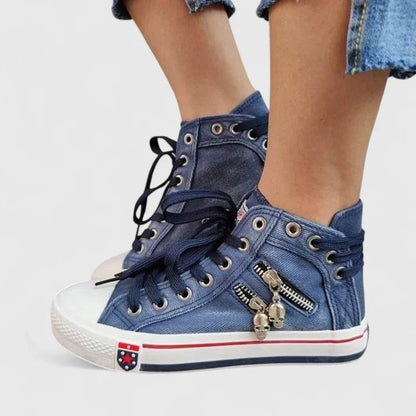 Women's Denim High Top Lace-Up Zip Sneakers