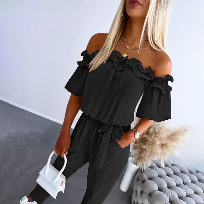 Women's Off-Shoulder Frill Tie-Waist Jumpsuit