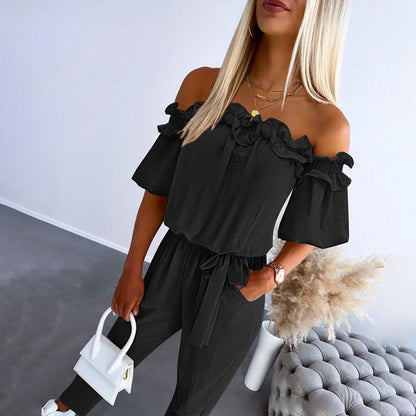 Women's Off-Shoulder Frill Tie-Waist Jumpsuit