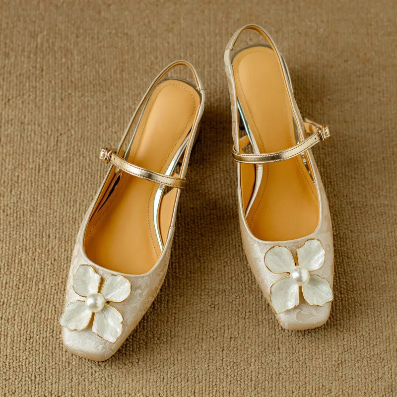 Women's Floral Slingback Square Toe Block Heel Pumps