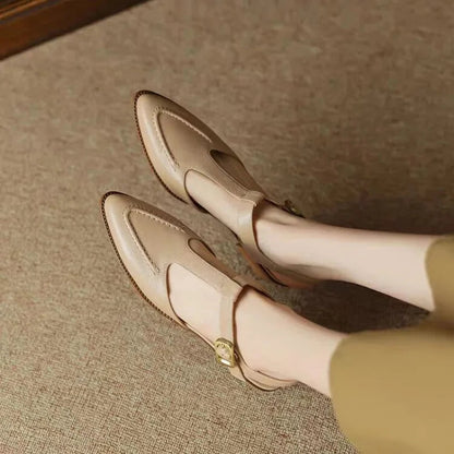 Women's T-Strap Buckle Shoes Pointed Toe Low Heel