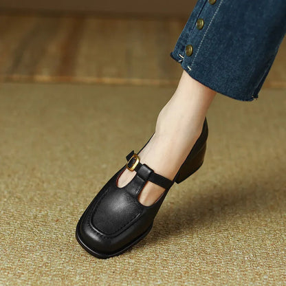 Women's T-Strap Mary Jane Shoes Square Toe Low Block Heel