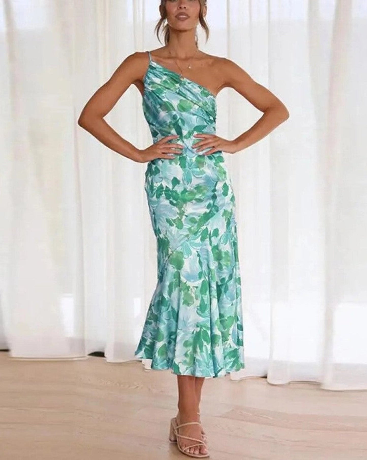 Women's Floral Asymmetric Wedding Guest Midi Dress