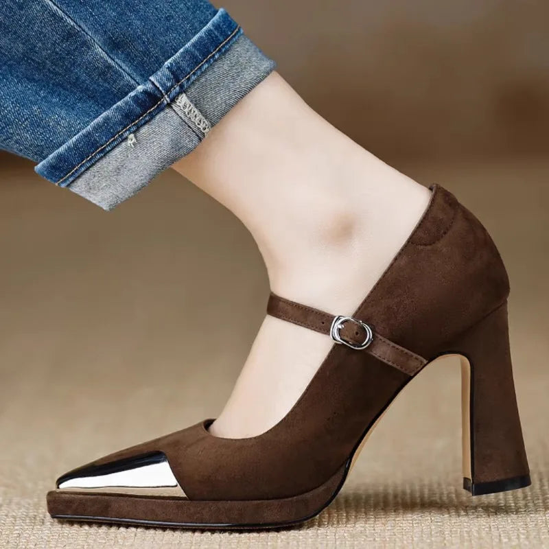 Women's Mary Jane Block Heel Pumps Cap Toe