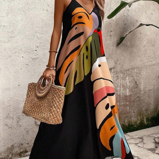 Women's Leaf Print Summer Maxi Dress