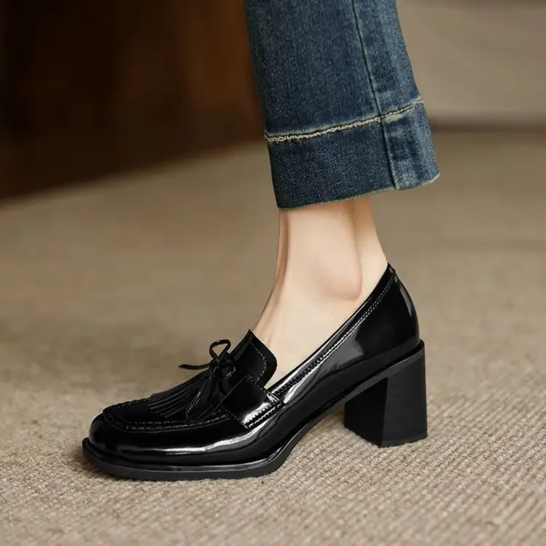 Women's Tassel Block Heel Loafer Pumps Round Toe