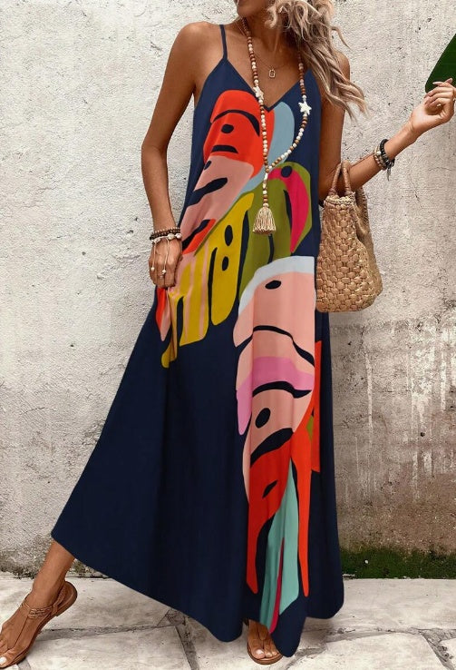 Women's Leaf Print Summer Maxi Dress