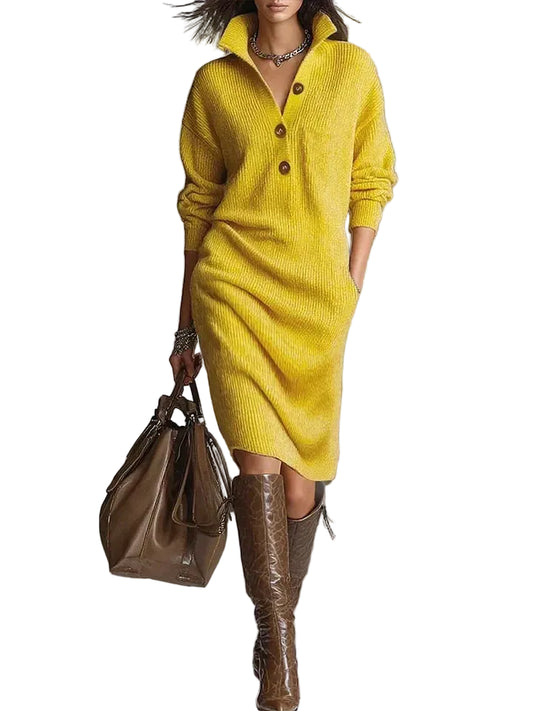 Women's Knit Collar Button Midi Dress