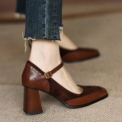 Women's Square Toe Block Heel Pumps Ankle Strap