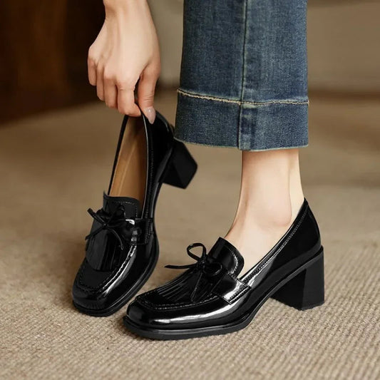 Women's Tassel Block Heel Loafer Pumps Round Toe
