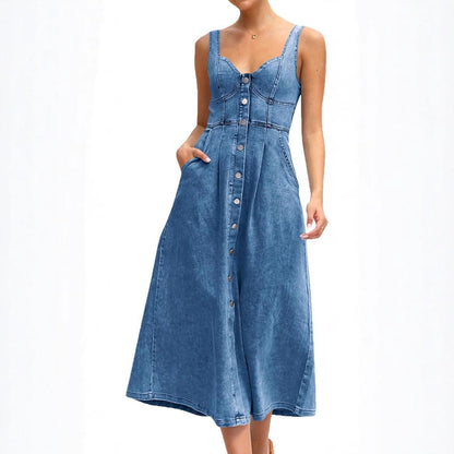 Women's Sleeveless Denim Casual Midi Dress