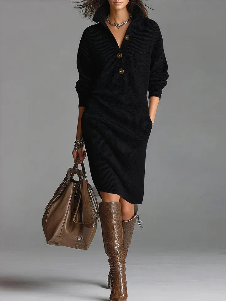 Women's Knit Collar Button Midi Dress
