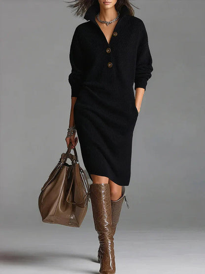 Women's Knit Collar Button Midi Dress