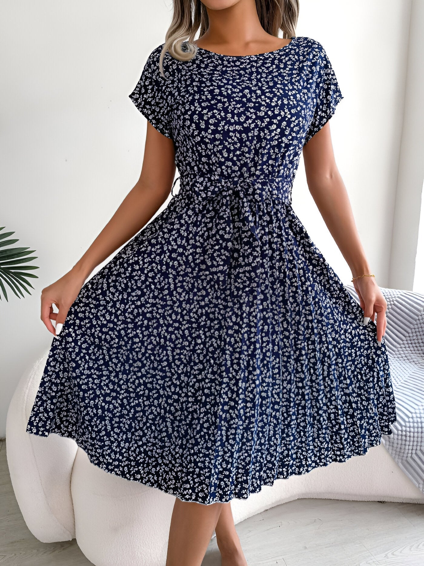 Women's Floral Pleated Summer Midi Dress
