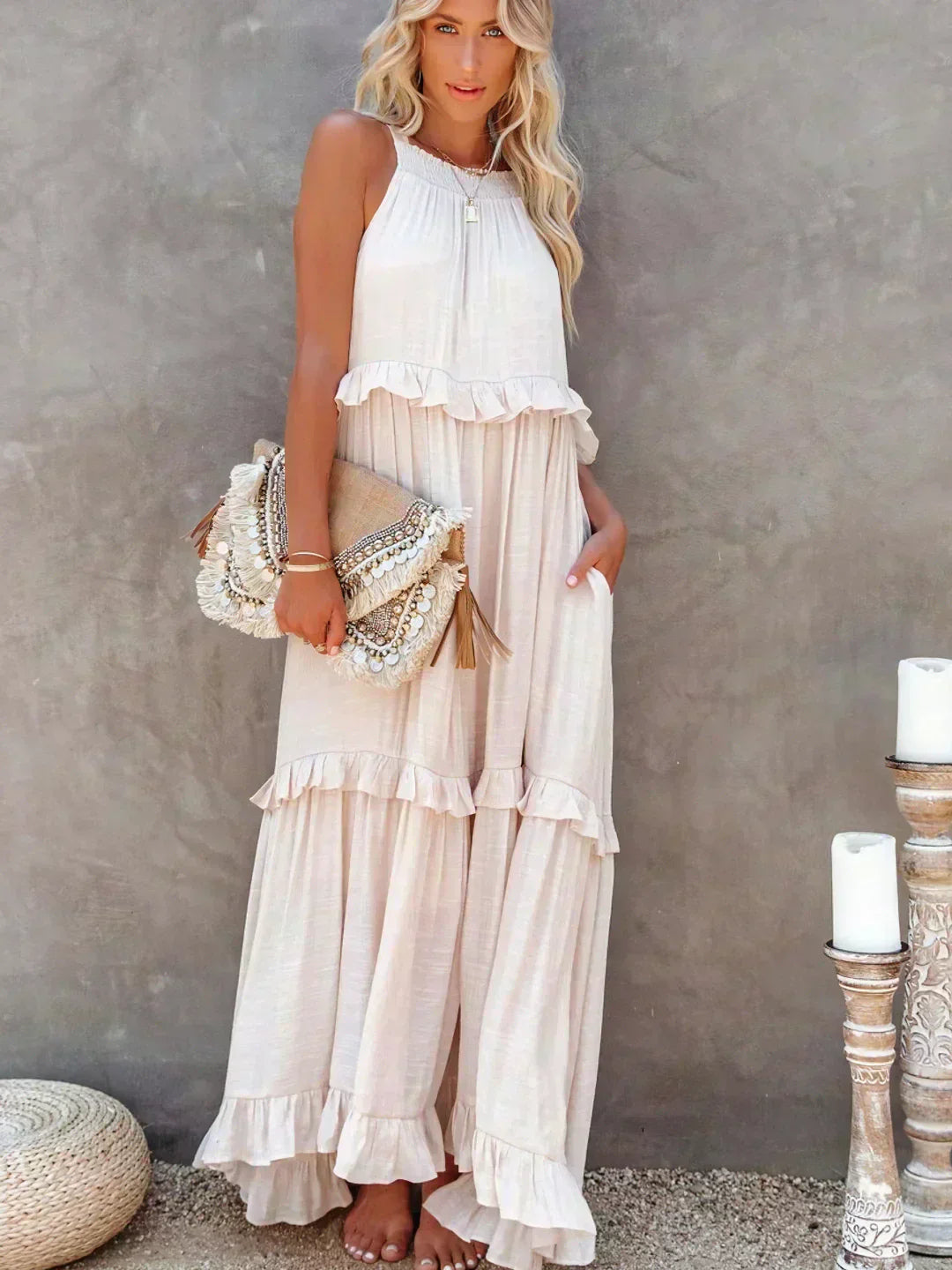 Women's Sleeveless Ruffle Day-to-Evening Midi Dress