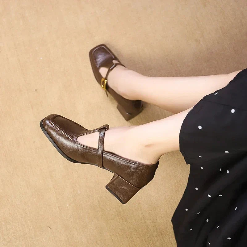 Women's Square Toe Mary Jane Block Heel Gold Buckle