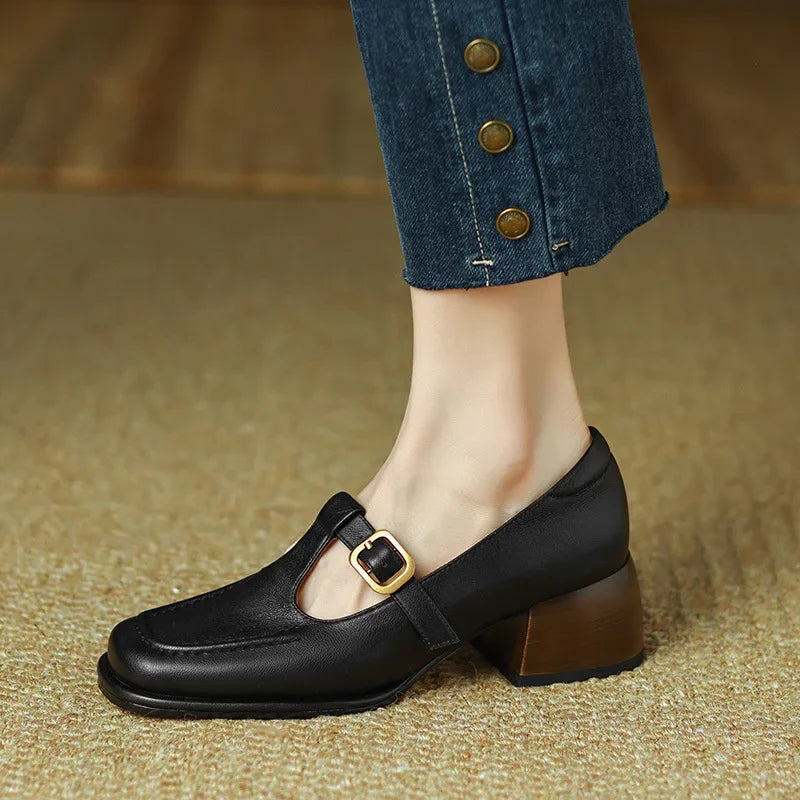 Women's T-Strap Mary Jane Shoes Square Toe Low Block Heel