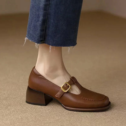 Women's T-Strap Mary Jane Shoes Square Toe Low Block Heel