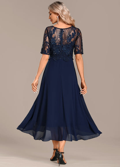 Women's Navy Lace Cocktail Midi Dress
