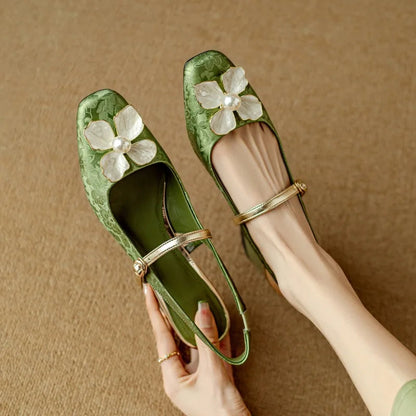 Women's Floral Slingback Square Toe Block Heel Pumps