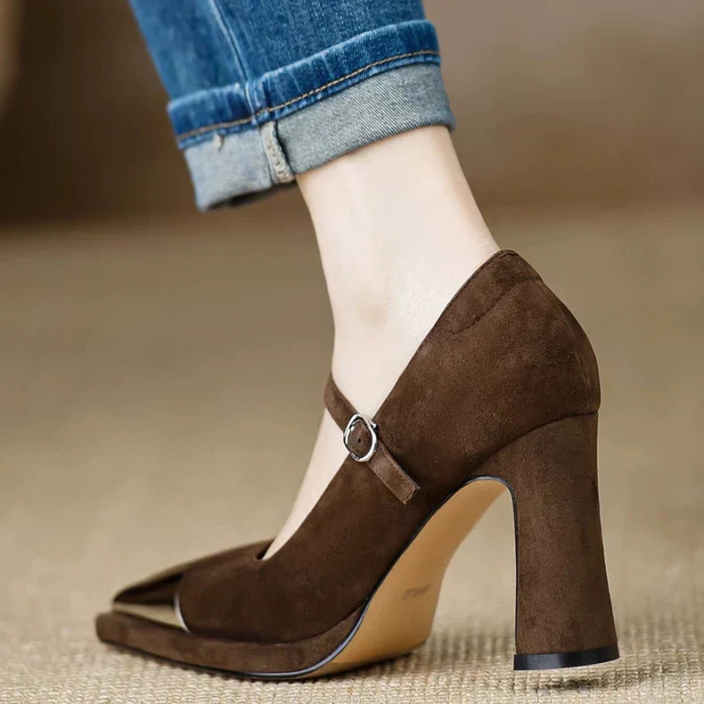Women's Mary Jane Block Heel Pumps Cap Toe