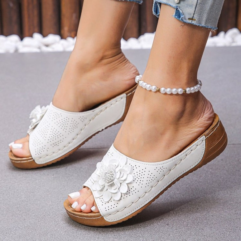 Women's Flower Wedge Slip-On Open Toe Slides