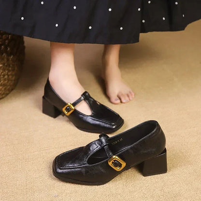 Women's Square Toe Mary Jane Block Heel Gold Buckle