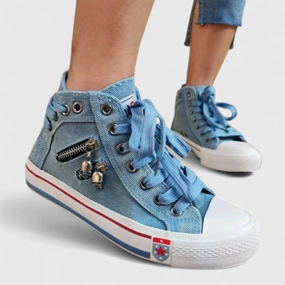 Women's Denim High Top Lace-Up Zip Sneakers