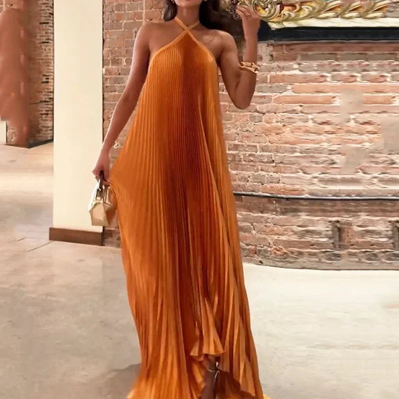 Women's Pleated Halter Wedding Guest Maxi Dress