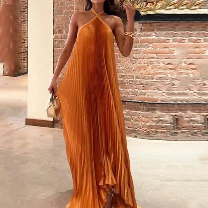 Women's Pleated Halter Wedding Guest Maxi Dress