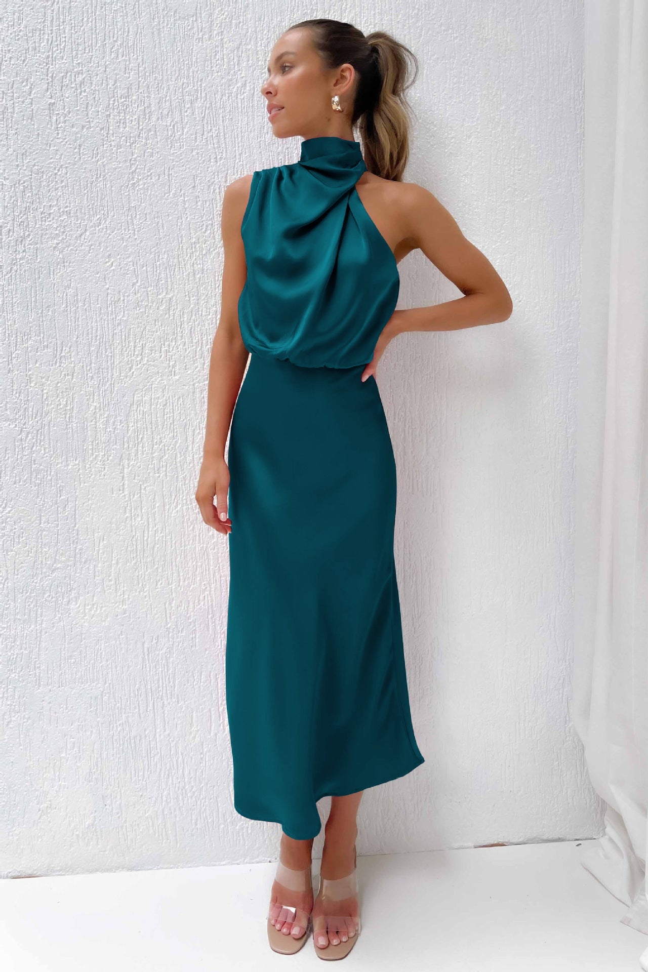 Women's Satin Halter Evening Maxi Dress