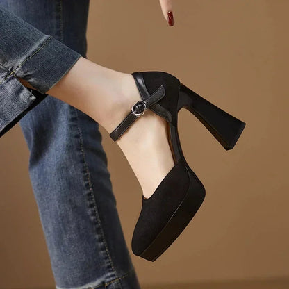Women's Platform Block Heel Pumps Ankle Strap High Heels