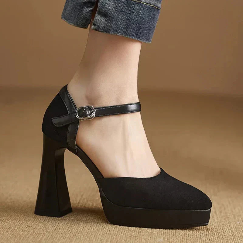 Women's Platform Block Heel Pumps Ankle Strap High Heels