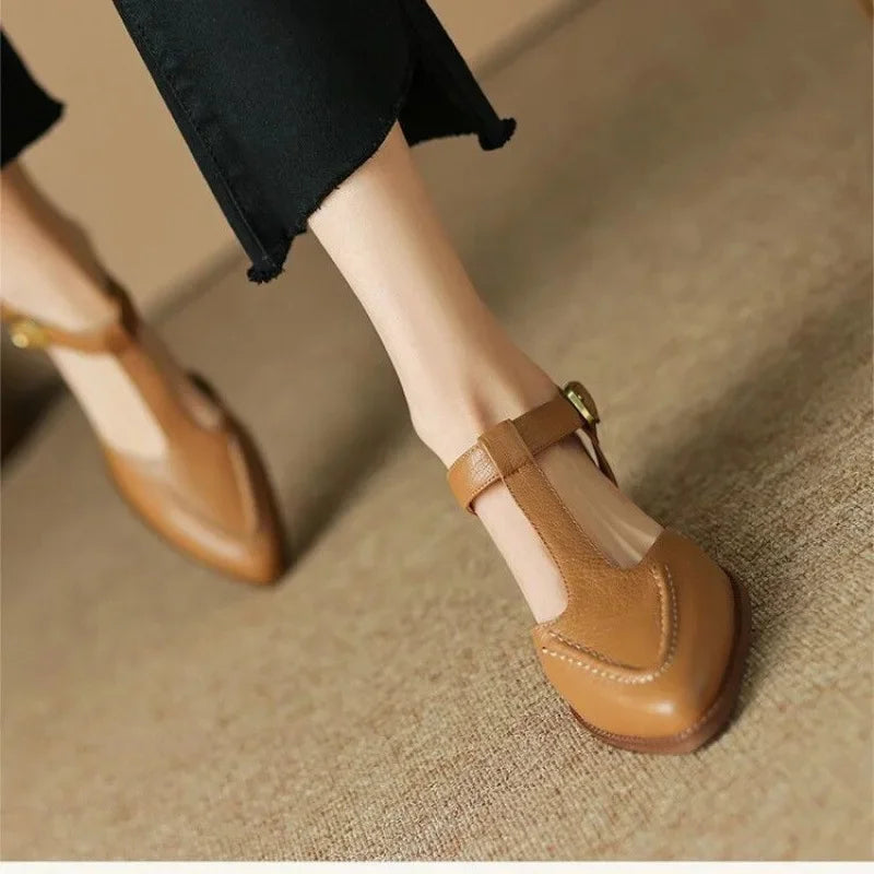 Women's T-Strap Buckle Shoes Pointed Toe Low Heel
