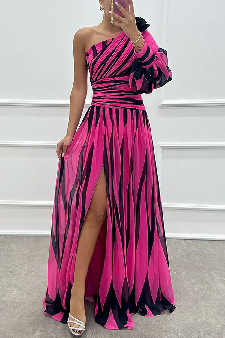 Women's Striped One-Shoulder Wedding Guest Maxi Dress