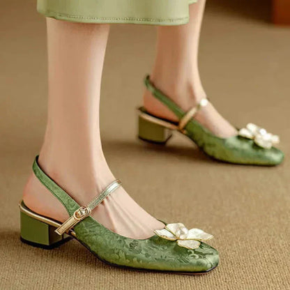 Women's Floral Slingback Square Toe Block Heel Pumps
