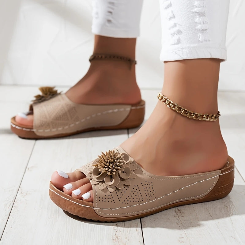 Women's Flower Wedge Slip-On Open Toe Slides