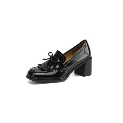 Women's Tassel Block Heel Loafer Pumps Round Toe