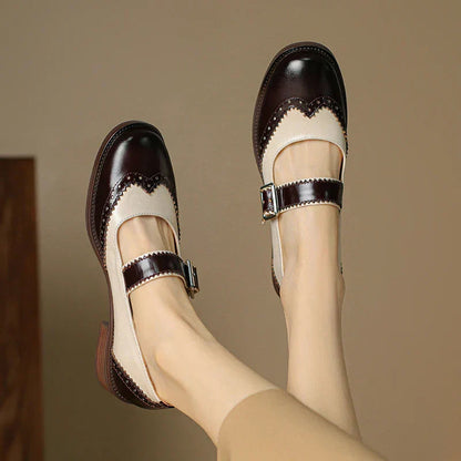 Women's Two-Tone Leather Mary Jane Brogue T-Strap Shoes